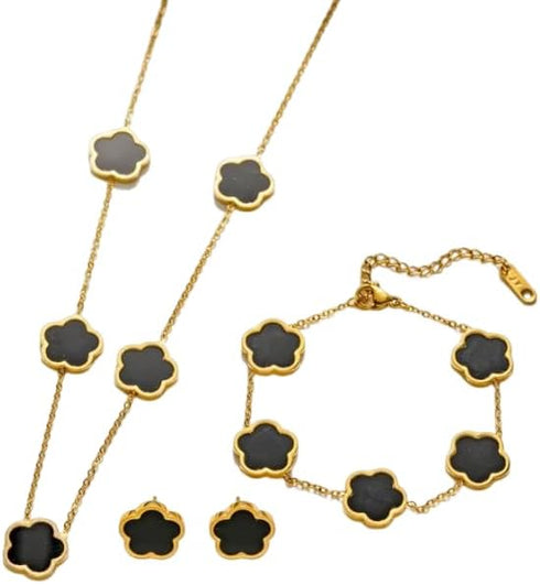 Clover Jewelry Set 18K Gold Plated Stainless Steel Necklace with Flower Design Four leaf clover for Women, Elegant Four Leaf Clover Necklace Flora...