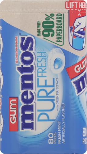 Mentos Pure Fresh Sugar-Free Chewing Gum with Xylitol, Fresh Mint, in a recyclable 90% Paperboard Bottle, 80 Piece (Pack of 1)...