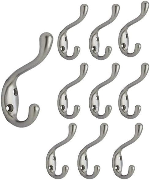 QCAA Premium Quality Heavy Duty Coat and Hat Hook Hanger, 3-3/8", Zinc Die Cast, Satin Nickel, 10 Pack, Made in Taiwan...