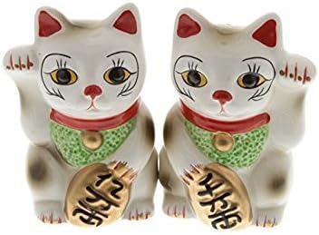 Japanese Maneki Neko - Magnetized Ceramic Salt & Pepper Shakers...