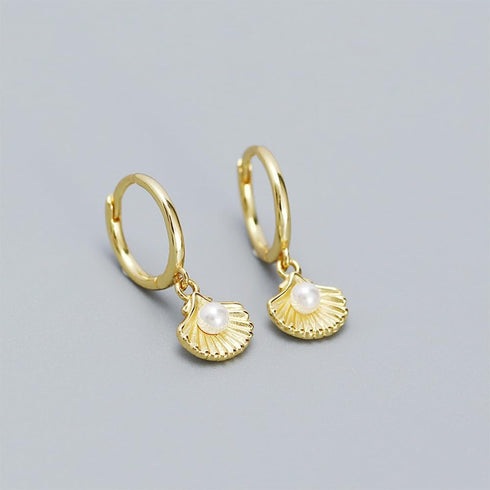 Cute Shell Pearl Huggie Small Hoop Earrings Dangle Drop for Women 925 Sterling Silver 14K Gold Filled Boho Beach Simple Charm Hoops Delicate Hypoa...