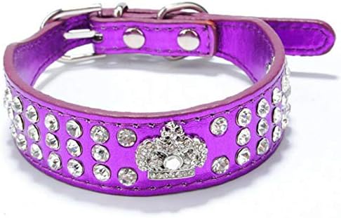 Rhinestone Dog Collar Crown Rhinestone Diamante Jewelry Crystal PU Leather Pet Dog Cat Puppy Collar(Purple,S fit Neck 20-26cm)...