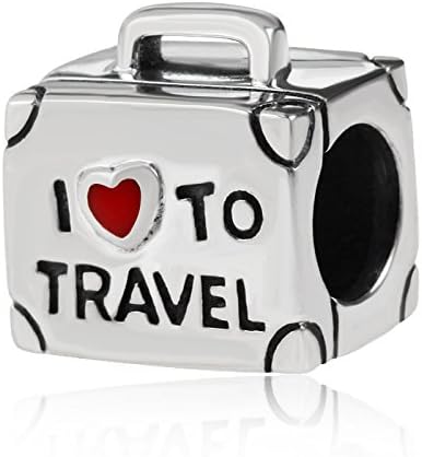 I Love To Travel Charm Solid 925 Sterling Silver Suitcase Charm with Red Enamel Heart for Pandora Bracelet...
