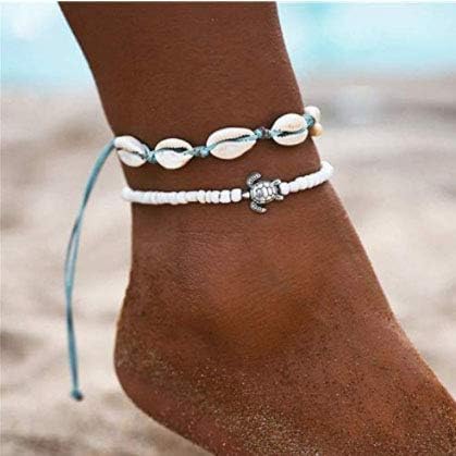 Boho Turtle Layered Shell Anklet Set Silver Ankle Bracelets Beaded Foot Chain Beach Foot Jewelry Accessories for Women summer gifts...