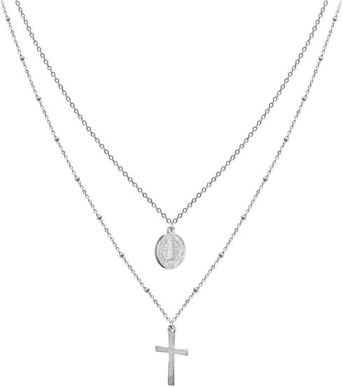 Nazareth Store Layered Cross Necklaces for Women, Dainty 14K Gold Plated 18" Necklace Saint Benedict Medal Protection Amulet Chain Gold Choker Tre...