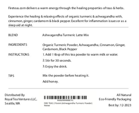 FIRE TEAS Ashwagandha Turmeric Latte Mix - Organic Ashwagandha, Turmeric, Ginger, Cardamom, Black Pepper & Cinnamon Powder- Helps Sleep, Relaxing,...