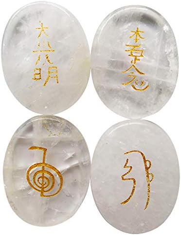 4 Pcs Rock Quartz Engraved Chakra Stones Healing Crystal Reiki Balancing Palm Stone, 45mm...