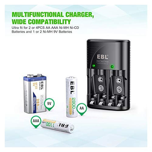 EBL Smart Rapid AA AAA Charger for AA AAA 9V Rechargeable Batteries Ni-MH Ni-CD Rechargeable Batteries...
