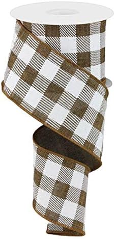 Plaid Check Wired Edge Ribbon - 10 Yards (Brown, White, 2.5")...