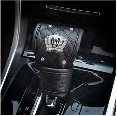 Uphily Black Leather Gear Shift Knob Cover with Bling Crystal Rhinestones Tiara Crown, for Women or Girls...