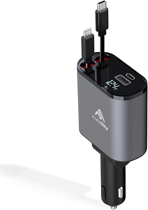 AutoSky 4 in 1 Retractable Car Charger with Fast Car Phone Charger - 100W Car Charger USB C & iPhone Cable, a USB-C, USB-A Ports - Works with Any ...