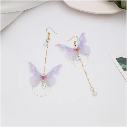 Temperament Long Butterfly Chain Tassel Drop Dangle Earrings for Asymmetric Pearl Circle Pendants Earrings Colored Tulle Butterfly Wings Earrings...
