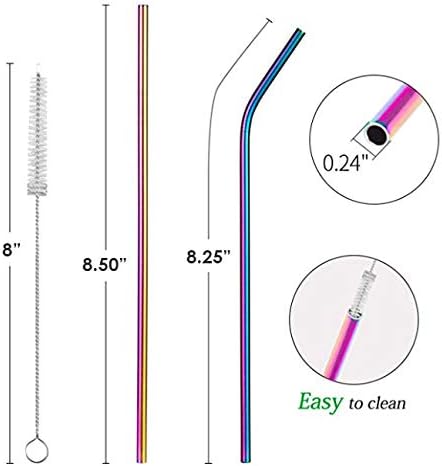 Reusable Straws Set, Stainless Steel Metal, Colorful, Includes 8 Straws, 4 Silicone Tips, 2 Cleaning Brushes, and 2 Travel Pouches, Draw String Ba...