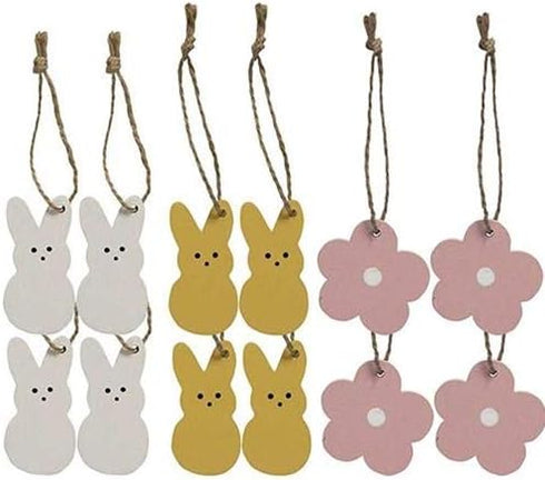 Set of 12 Bunny Flower Wood Mini Ornaments - Spring Easter - Farmhouse Rustic Decor - Jute Hangers...