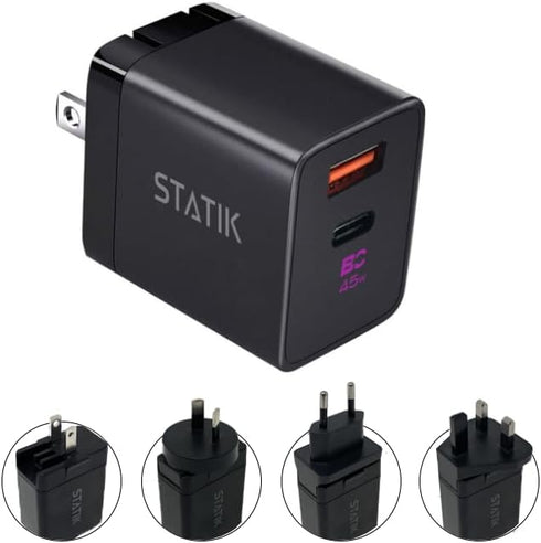 STATIK Fast-Charging GaN Power Adapter - 45W Dual USB C & USB - International Plugs - Foldable Compact Travel Charger for iPhone, iPad, Samsung, P...