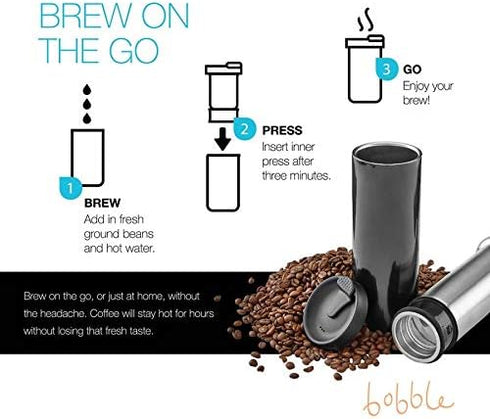 bobble French Coffee Presse, On-The-Go use, Quick Brew, Slim Design, Triple Wall Insulation, 14 oz (Black)...