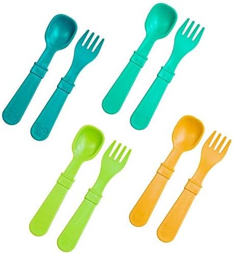 Re-Play Toddler Forks and Spoons Set - 4x4 Utensils Set for Kids - Dishwasher and Microwave Safe - Made in USA - Set of 8-5.8" x 1.2" x 0.2" - Aqu...