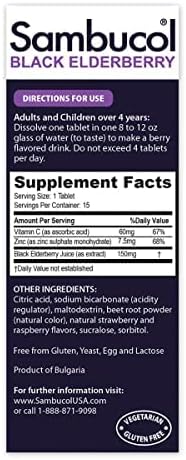 Sambucol Black Elderberry Effervescent Tablets - Elderberry with Zinc and Vitamin C for Adults, Elderberry Dissolving Tablets, Berries - 15 Count...