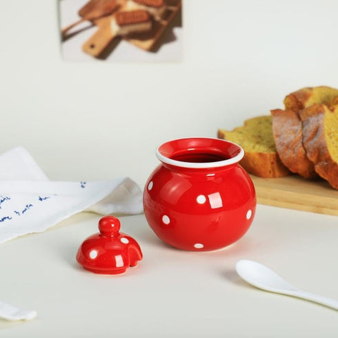 123Arts Ceramics Dot Sugar Salt Pepper Storage Jar Seasoning Pot with Lid And Spoon...