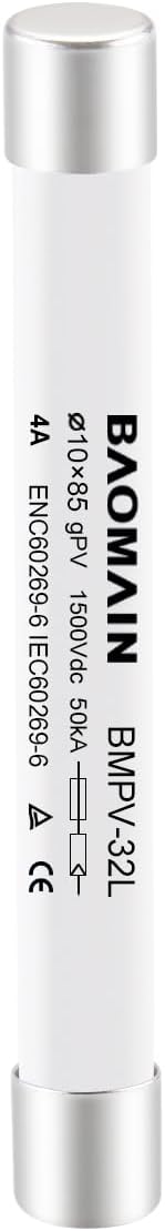 Baomain 1500VDC Solar PV Fuse, gPV-Type Fuse Link, Wire Fusible 10 x 85 mm 50kA Photovoltaic Fuses, BMPV-32L CE Pack of 5 (4 Amp.)...
