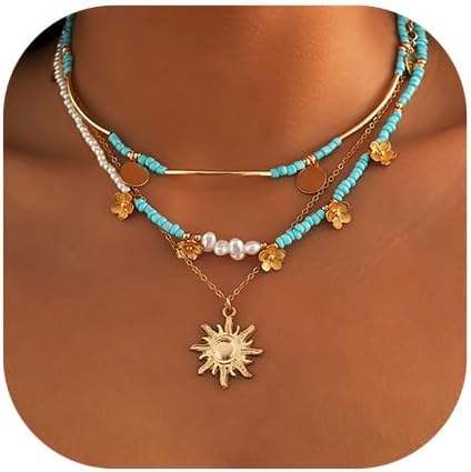 Boho Layered Sun Necklaces Gold Neck Chain Turquoise Necklaces Chains Pearl Pendant Necklace Jewelry Summer Beach Necklace Accessories for Women...