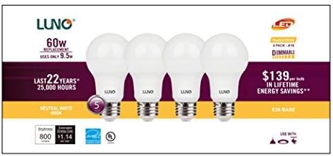 LUNO A19 Dimmable LED Bulb, 9.5W (60W Equivalent), 800 Lumens, 4000K (Neutral White), Medium Base (E26),UL & Energy Star (4-Pack)...