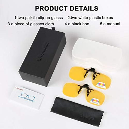 FONHCOO Clip-on Night Driving Sunglasses 2 Pack Night Vision Glasses Lens over Prescription Glasses for Women Men (2 × Night Driving Lens)...