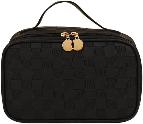 Travel Makeup Bag for Women, PU Leather Waterproof Checkered Cosmetic Bags, Portable Pouch Open Toiletry Bag, Make up Organizer with Handle, Black...