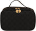 Travel Makeup Bag for Women, PU Leather Waterproof Checkered Cosmetic Bags, Portable Pouch Open Toiletry Bag, Make up Organizer with Handle, Black...