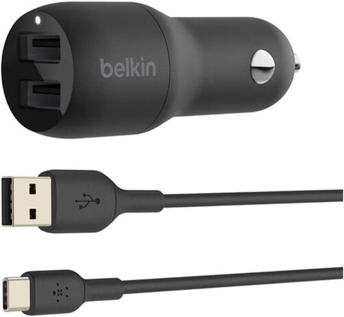 Belkin 24 Watt Dual USB Car Charger - 2 12W USB A Ports with USB-C Cable for Fast Charging Apple iPhone 14, 14 Pro, 14 Pro Max, iPhone 13, Samsung...