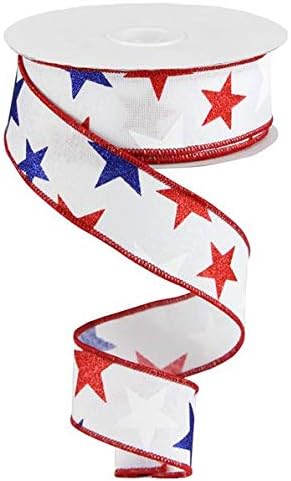 Craig Bachman 1.5" White Royal Canvas Ribbon: Patriotic Stars 10 Yards (White) Patriotic Craft Floral Arrangement Gift Wrapping Wired Edge Ribbon...
