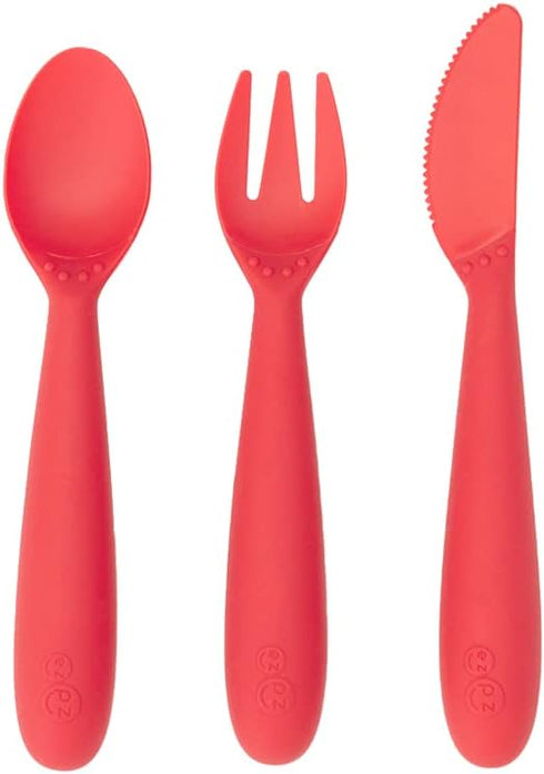 ezpz Happy Utensils - 24 Months+ (Coral) - BPA Free Toddler Utensils - Fork, Spoon and Knife for Toddlers and Preschoolers - Kids Utensils for Sel...