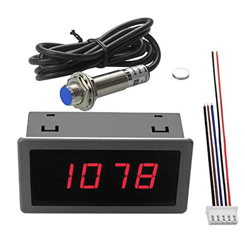 4 Digital Red LED Tachometer RPM Gauge Speed Meter with Hall Magnet Sensor NPN-NO Switch for Lathe Conveyor Belt...