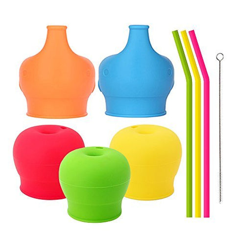 Silicone Sippy Straw Cup Lids for Toddlers Babies (5 Pack) - Reusable, Spill-Proof - Stretches to Cover Tumblers, Yeti Rambler, Mason Jars, Cups a...