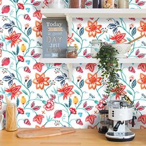 Red Floral Wallpaper Botanical Pomegranate Flower Stick and Peel Wall Paper for Bedroom Laundry Room Removable Self Adhesive Decorative Floral Con...