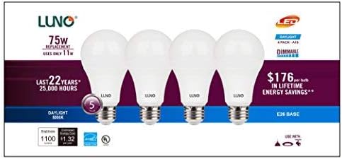 LUNO A19 Dimmable LED Bulb, 11W (75W Equivalent), 1100 Lumens, 5000K (Daylight), Medium Base (E26),UL & Energy Star (4-Pack)...