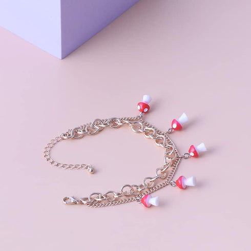 Double Layer Mushroom Bracelet Anklet Cute Red Mushroom Pendant Bracelet Dainty Adjustable Combination Strand Stretch Bracelet Anklet for Women Gi...