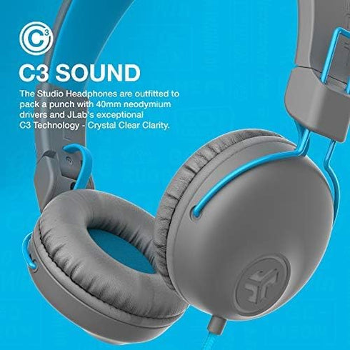 JLab Studio On-Ear Headphones, Wired Headphones, Gray/Blue, Tangle Free Cord, Ultra-Plush Faux Leather with Cloud Foam Cushions, 40mm Neodymium Dr...