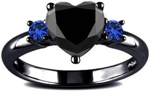Hsitgexf Black Gold Plated Heart & Blue Round CZ Cubic Zirconia Promise Statement Ring,Women's Fashion 3-Stone Wedding Engagement Ring (US size 9)...
