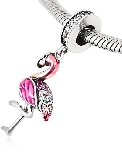 Eternalll Original 925 sterling silver Beads Pink Flamingo Bird Enamel CZ Stone Dangle Lucky Animal Charm Birthday Christmas Charm for Women Origi...