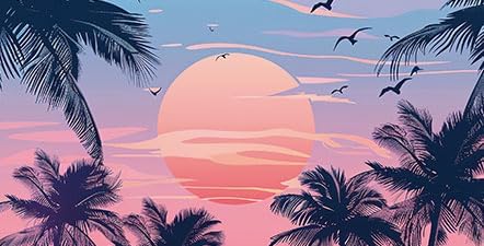 Hawaiian Beach Palm Tree Aquarium Background, Watercolor Graffiti Hawaiian Themed Fish Tank Background, Anime Themed Crawling Terrarium Background...