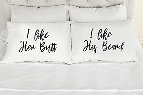 Signatives I Like her Butt I Like his Beard Pillow Cases - White Pillow Cover – Bedroom Decor - Set of 2 - Couples Pillowcases - Couples Gifts - P...