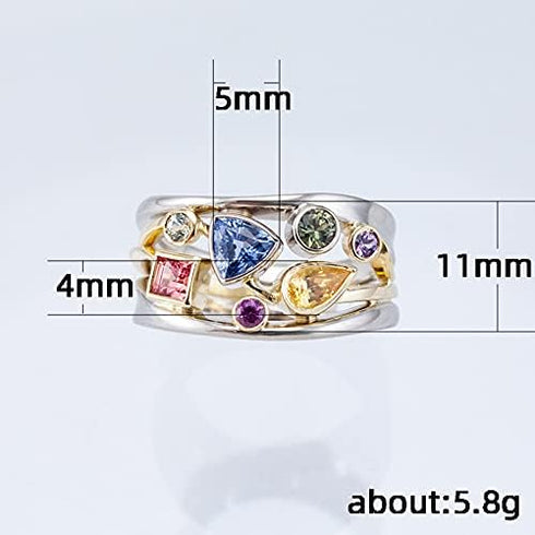 LRESJJIUJ 925 Sterling Silver Geometrical Colorful Moissanite Band Womens Shiny Full Diamond Rainbow Gemstone Ring Multi Row Wave Shape Eternity E...