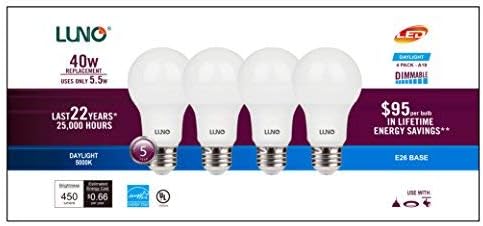 LUNO A19 Dimmable LED Bulb, 5.5W (40W Equivalent), 450 Lumens, 5000K (Daylight), Medium Base (E26), UL & ENERGY STAR (4-Pack)...