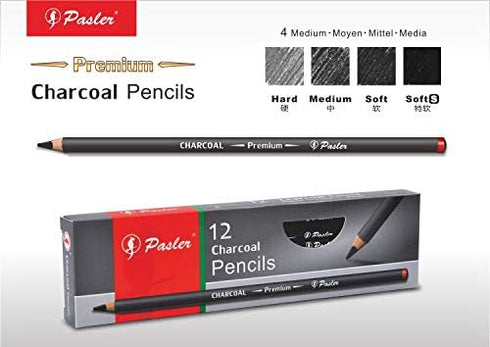 Pasler Professional Charcoal Drawing Pencils, Set of 12 Pieces: Soft, Soft-s, Medium, Hard for Drawing, Sketching, Shading, Artist Pencils for Beg...