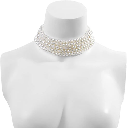 Boho Round Imitation Pearl Choker Necklace Multi Strands Vintage Choker Bridal Wedding Crystal Jewelry for Women...