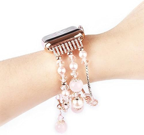GEMEK Compatible With Apple Watch Band 38/40/41mm Rose Gold Women Pearl Bracelet Strap, Fashion Handmade Elastic Agate Replacement for iWatch Band...