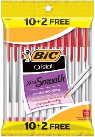 Bic Cristal Xtra-Smooth Ball Pen - 10 plus 2 Bonus Pack (12 count) - Red Medium Point Ballpoint Pen...