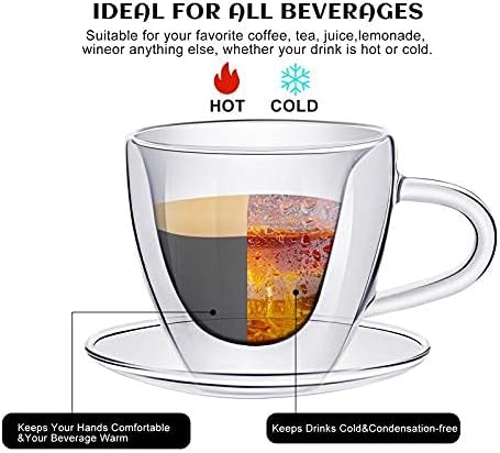 Patelai Heart Shaped Double Walled Glass Insulated Coffee Mug Clear Tea Cup 180 Ml, 6 oz Cappuccino Cup with Saucer and Heart Shaped Coffee Spoons...