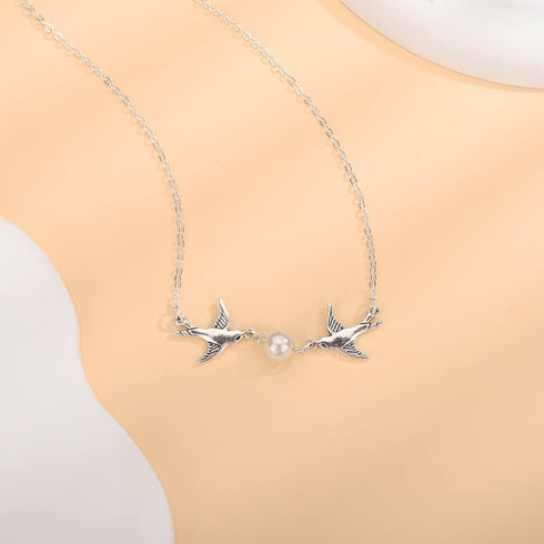 Kercisbeauty Double Swallow Flying Bird Silver Necklace with Pearl for Women Boho Collar Bone Choker...